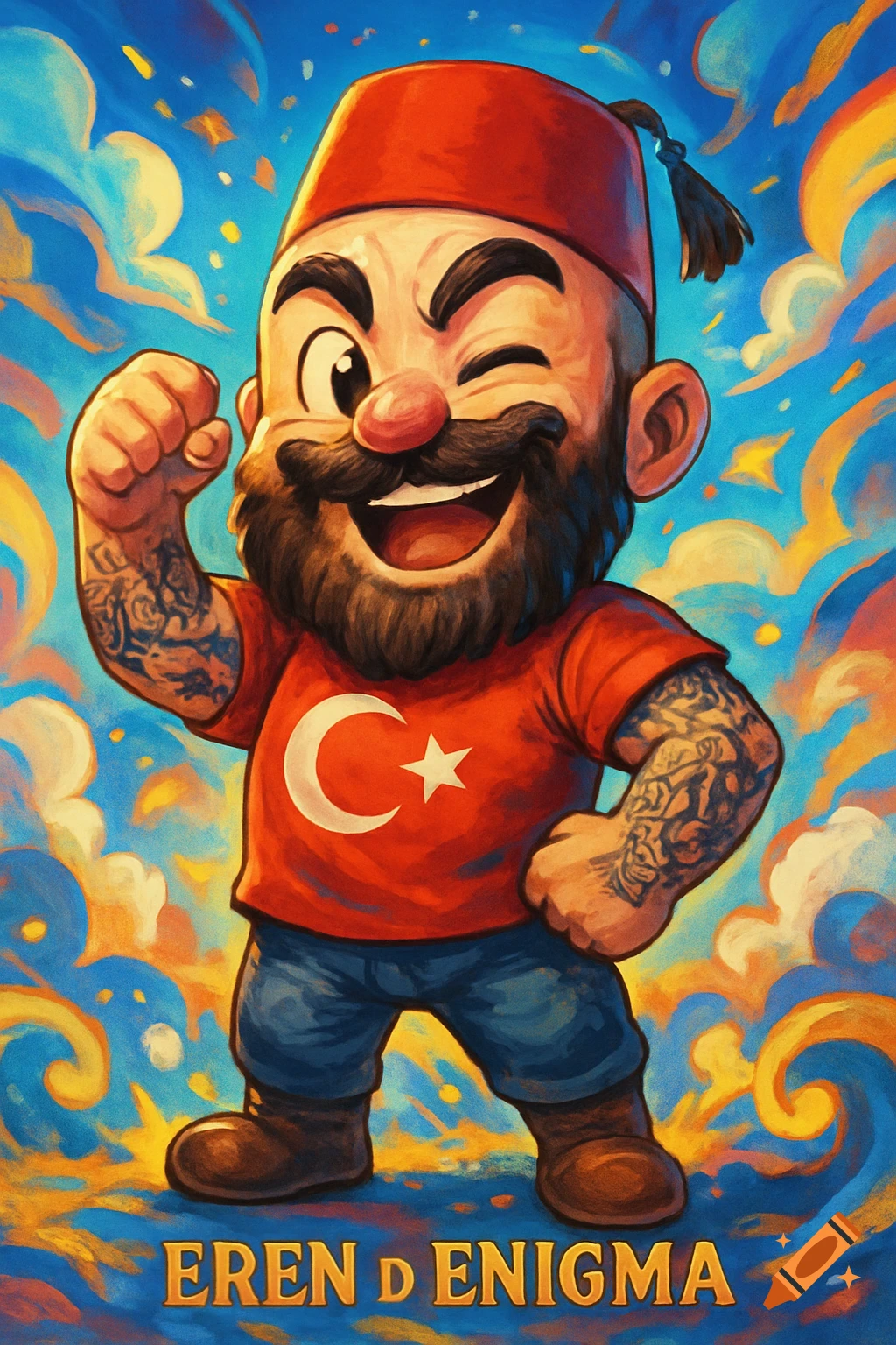 A winking, bearded chibi man with tattoos, wearing a fez and a red Turkish flag t-shirt, standing against a colorful sky. Text: EREN D ENIGMA.