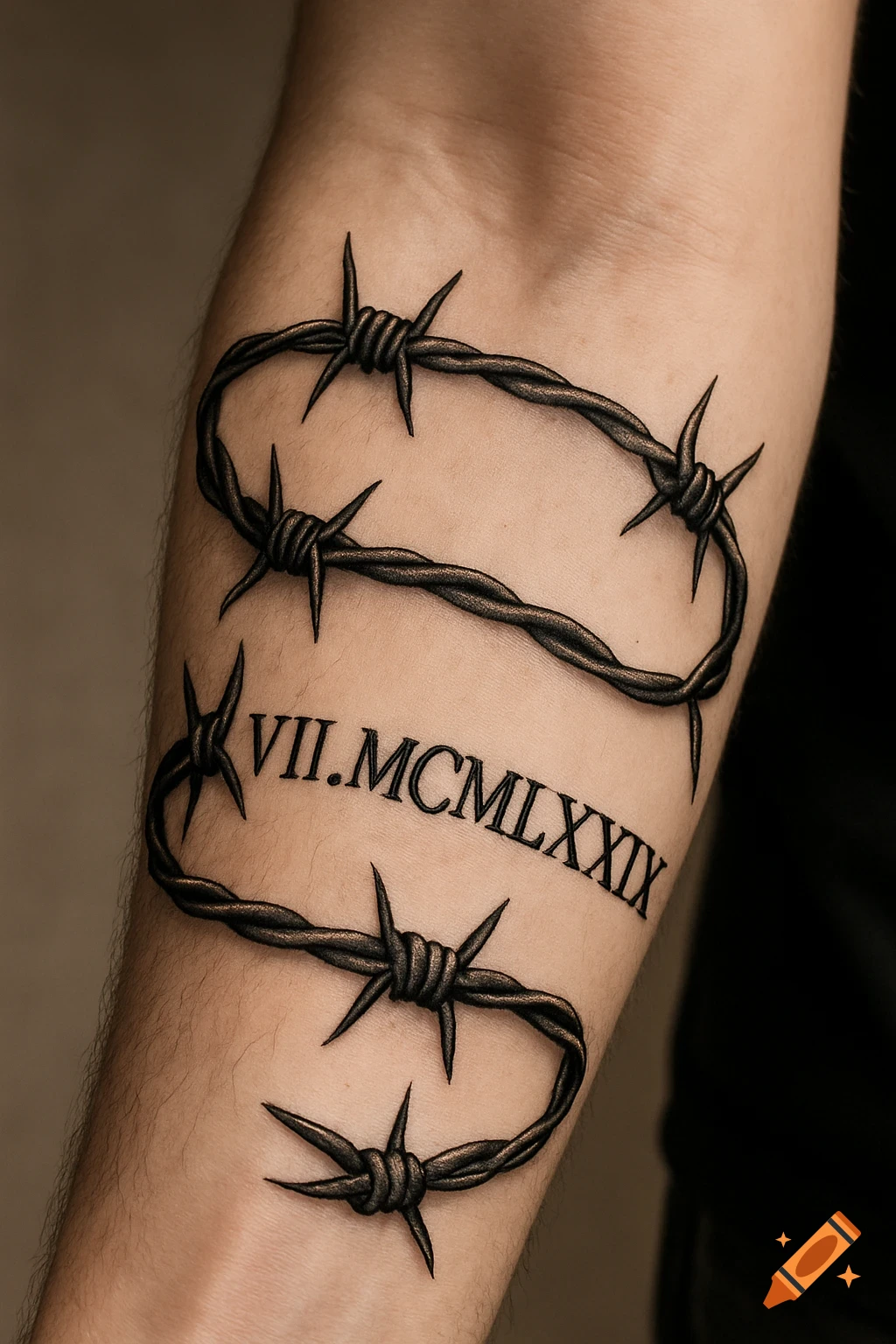 A realistic black barbed wire tattoo with Roman numerals 'VII.MCMLXXIX' wrapped around a forearm.