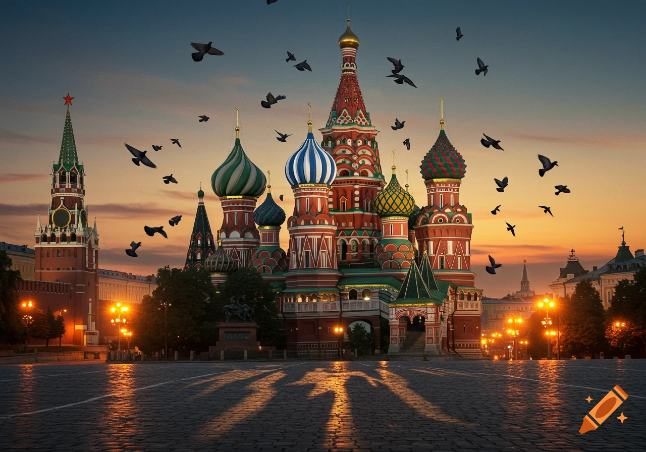 St. Basil's Cathedral and the Kremlin in Moscow at sunset, with numerous birds silhouetted against the colorful sky above the iconic domes and towers. The Red Square cobblestones reflect the warm glow of streetlights.