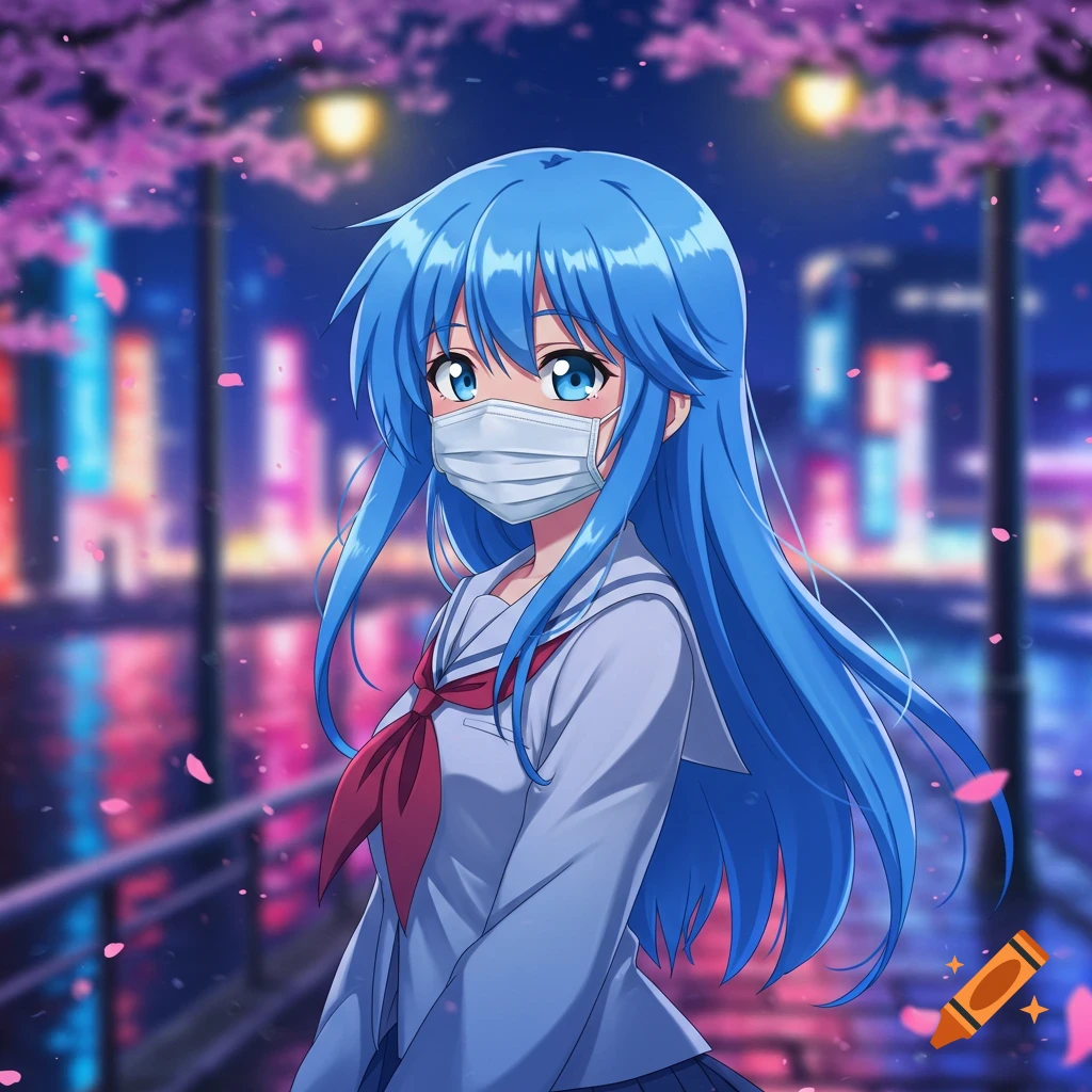 Anime girl with blue hair and mask in school uniform, standing at night with cherry blossoms and city lights.