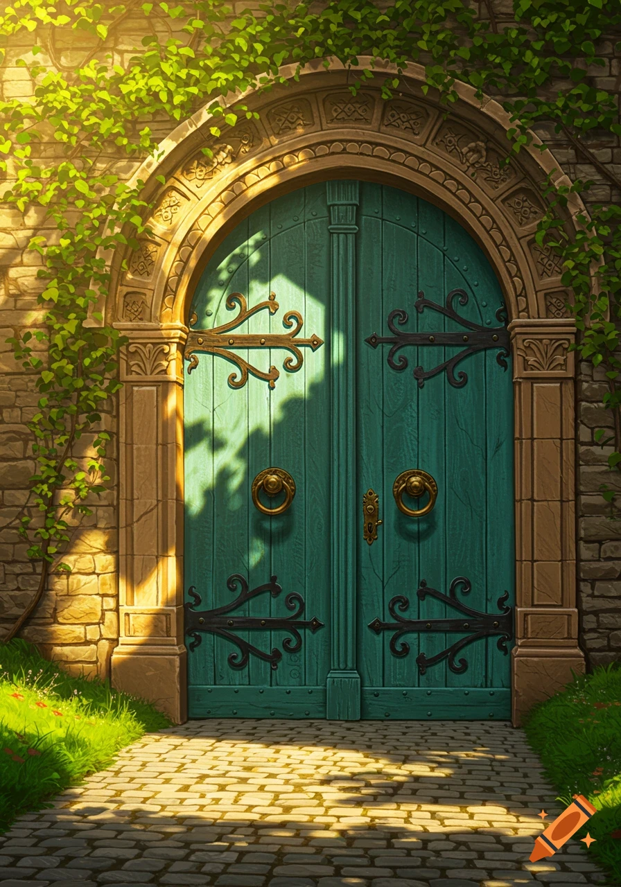 A vibrant teal arched wooden door with ornate iron hardware, set in a sunlit stone wall covered in green ivy, with a cobblestone path.