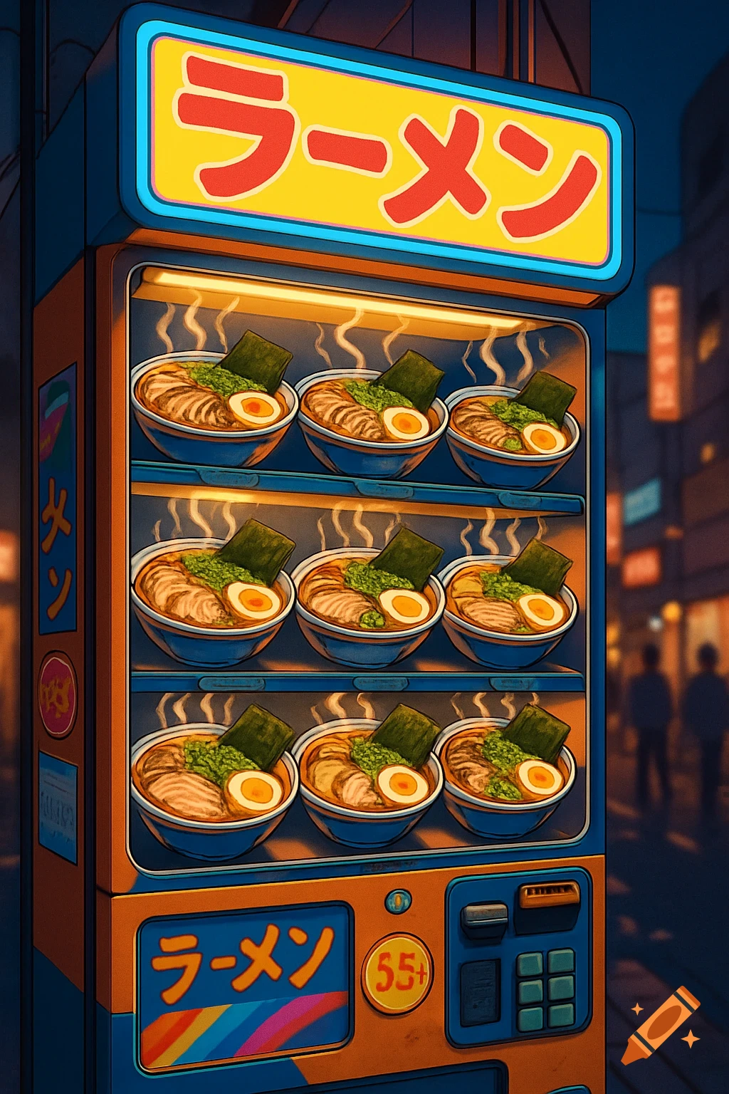 A vibrant illustration of a ramen vending machine filled with steaming bowls of ramen on a nighttime street.