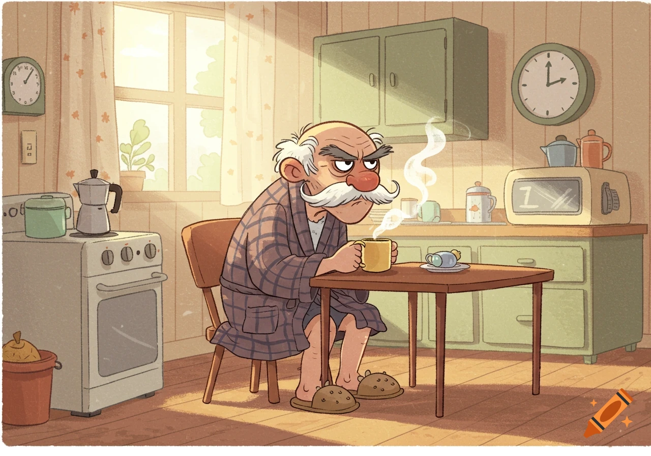 A grumpy old man in a plaid bathrobe drinks steaming coffee at a table in a bright cartoon kitchen.