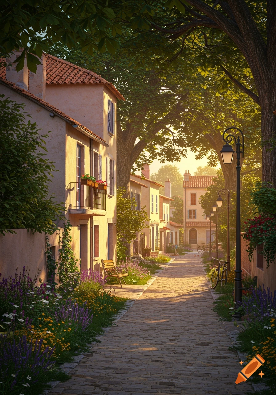 A sunlit cobblestone street lined with pastel buildings, lush trees, and blooming flowers in a charming town, photorealistic.