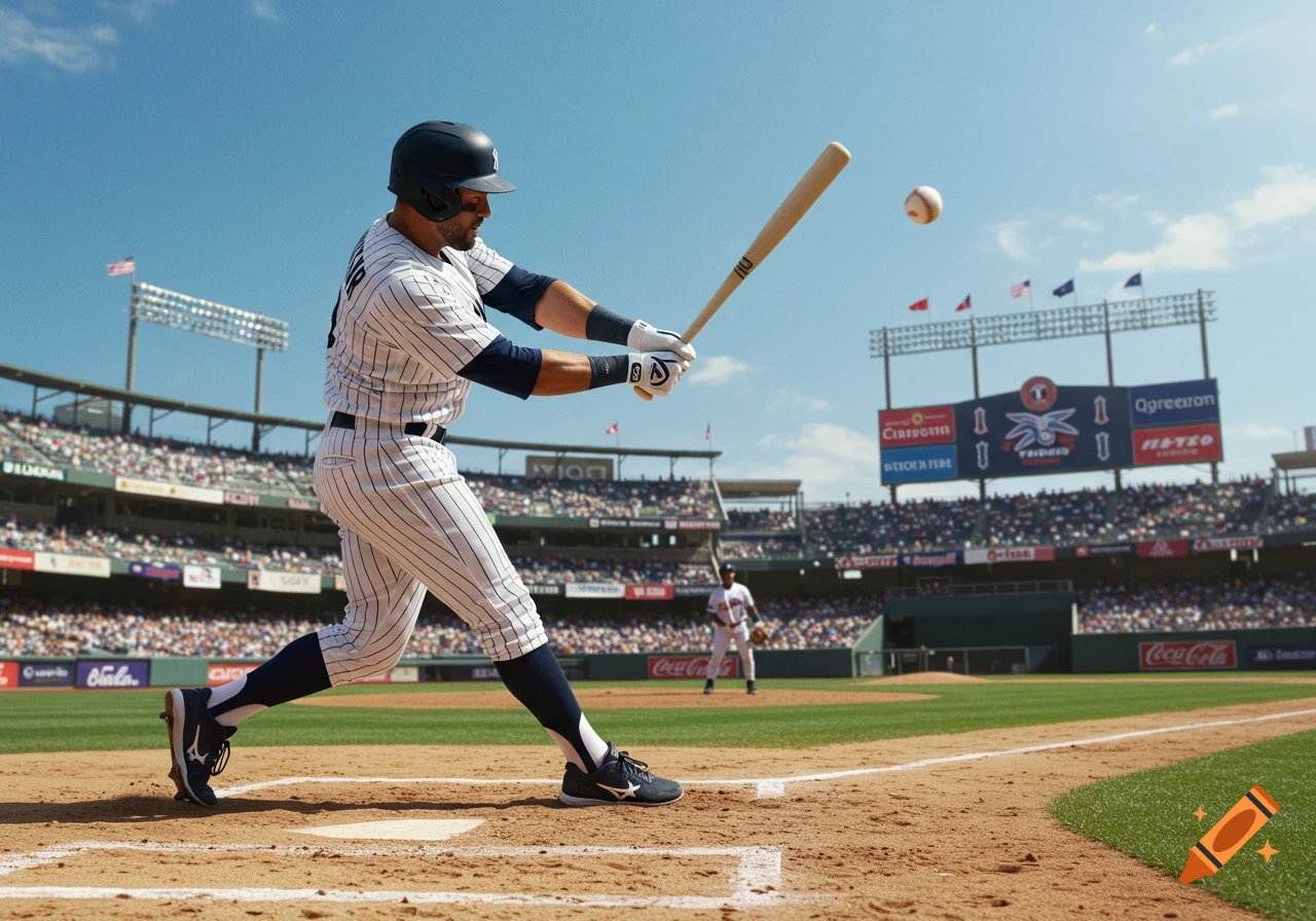 A photorealistic image of a baseball player mid-swing, hitting a baseball in a sunny stadium filled with spectators.