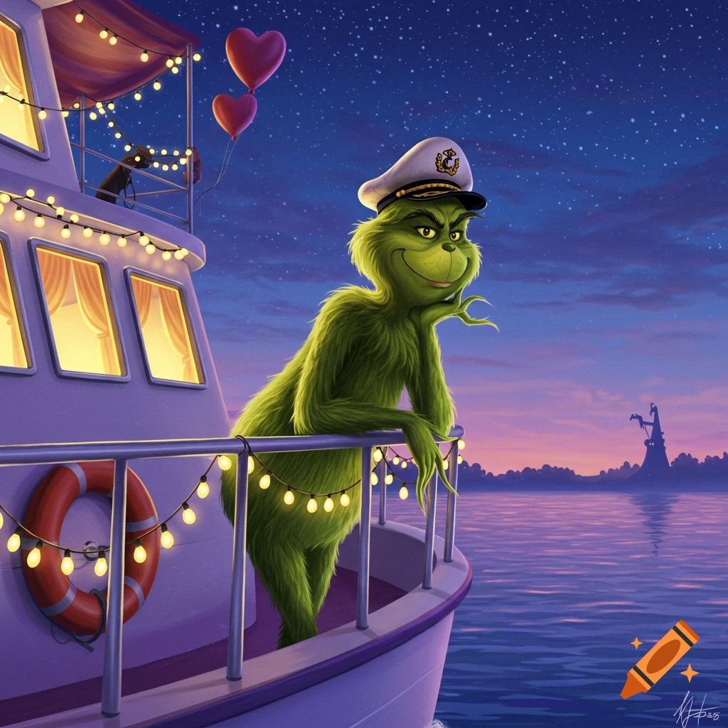 The Grinch in a captain's hat leans on a boat railing with a mischievous smile, under a starry night sky with heart balloons.