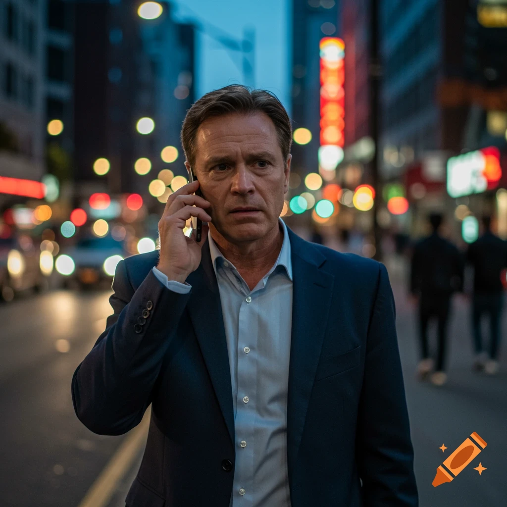 A concerned man in a suit talks on a phone on a bustling city street at night, with blurred lights in the background.