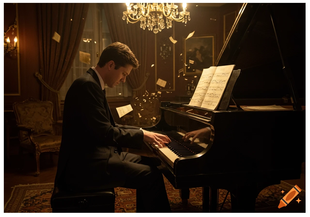 A man in a suit plays a grand piano in a dimly lit, luxurious room with musical notes floating around him. Photorealistic style.