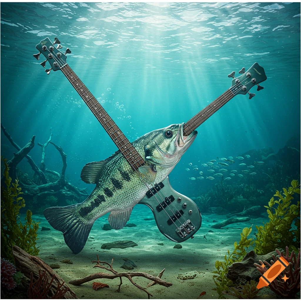 A bass fish with a bass guitar body swims in a vibrant underwater scene with reefs and small fish.