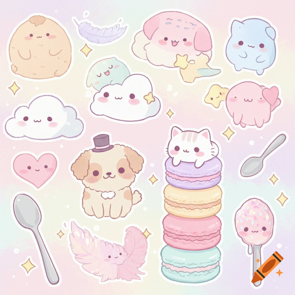 Cute pastel kawaii stickers featuring cartoon animals, clouds, macarons, spoons, and hearts on a soft rainbow background.