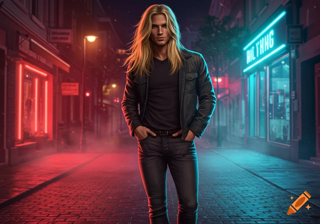 A man with long blonde hair, wearing a black leather jacket and skinny jeans, stands on a neon-lit city street at night.
