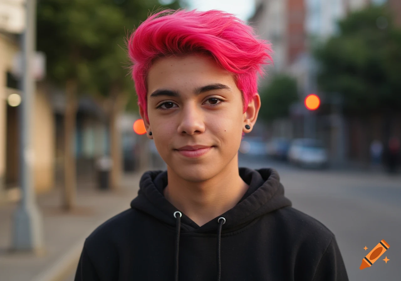 Photorealistic portrait of a teenage boy with bright pink hair, wearing a black hoodie, smiling on a city street.