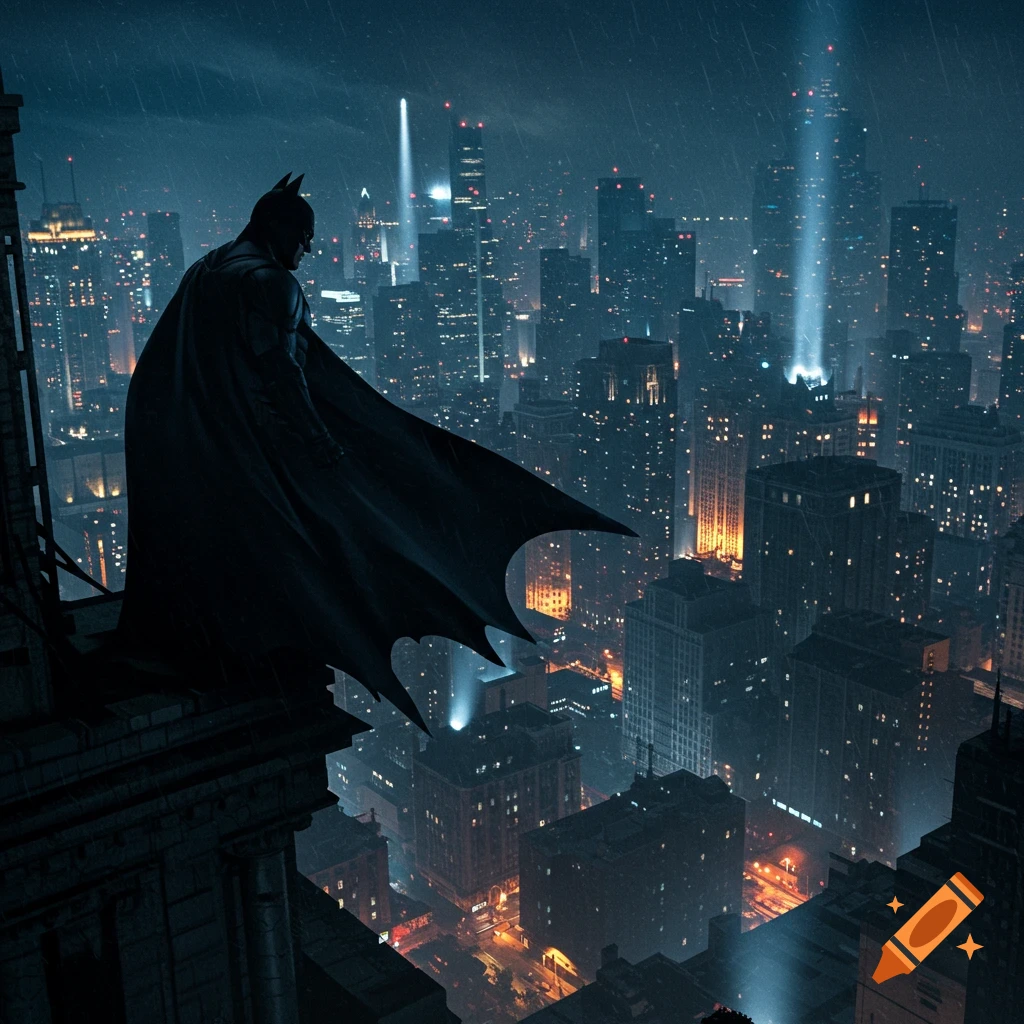 Batman overlooks a sprawling, rainy, futuristic city from a skyscraper at night.