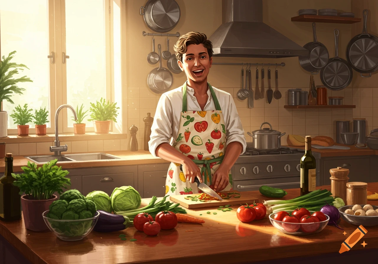 A smiling chef chops vegetables in a bright, sunlit kitchen, surrounded by fresh produce and cooking utensils.