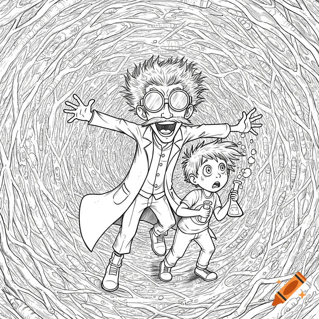 A cartoon black and white line art of a mad scientist and his nervous young sidekick running through a swirling tunnel.