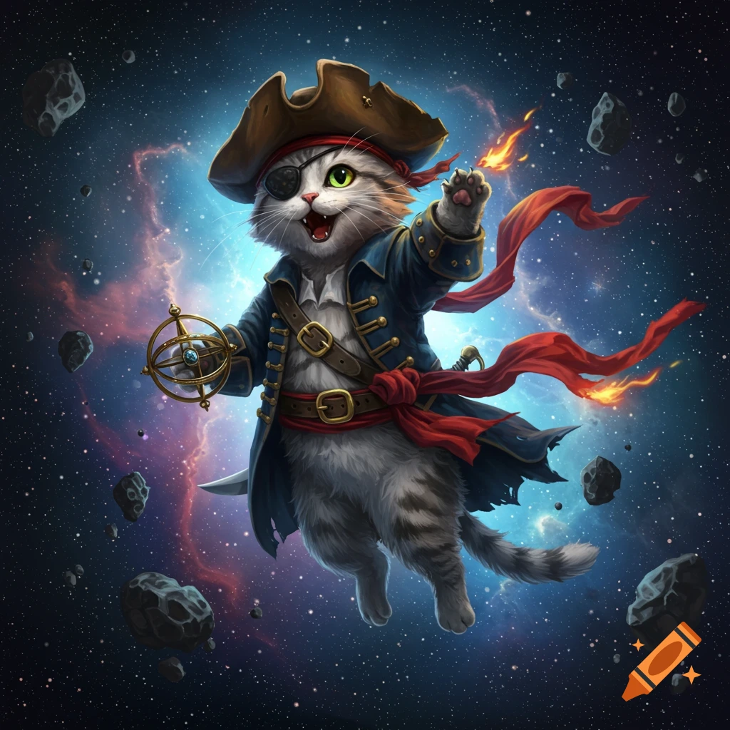 A cute pirate cat with an eyepatch and hat floats in space, holding an astrolabe, with a paw on fire.
