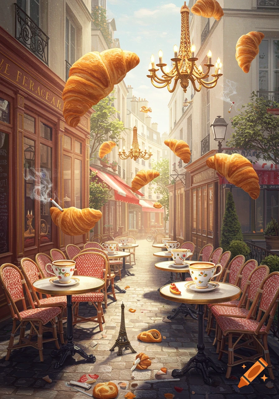 A whimsical, surreal Parisian cafe street scene with large floating croissants, chandeliers, and cups of coffee, under a bright sky.