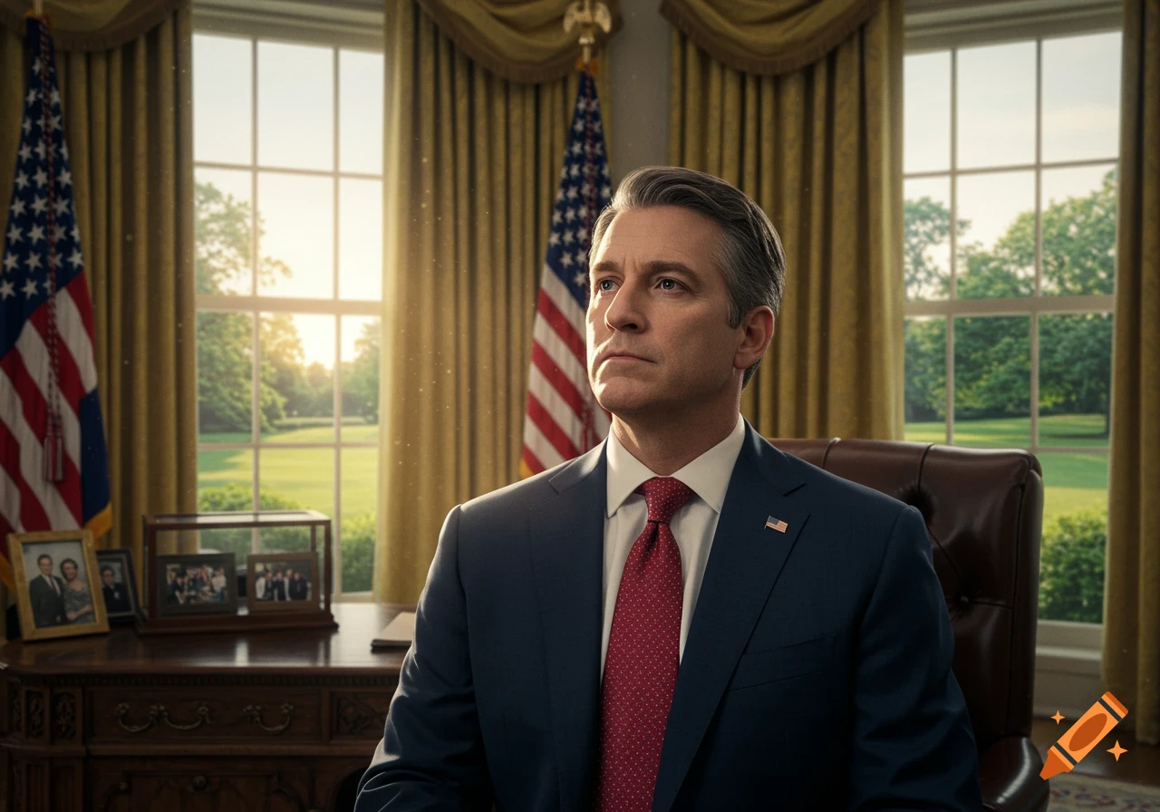 Photorealistic portrait of a serious man in a dark suit and red tie, sitting in an office with US flags and a sunny garden view.