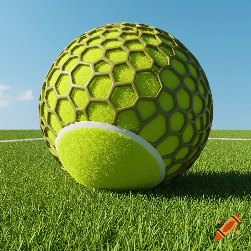 A photorealistic image of a bright green tennis ball with a hexagonal lattice rubber shell, resting on green grass under a clear blue sky.