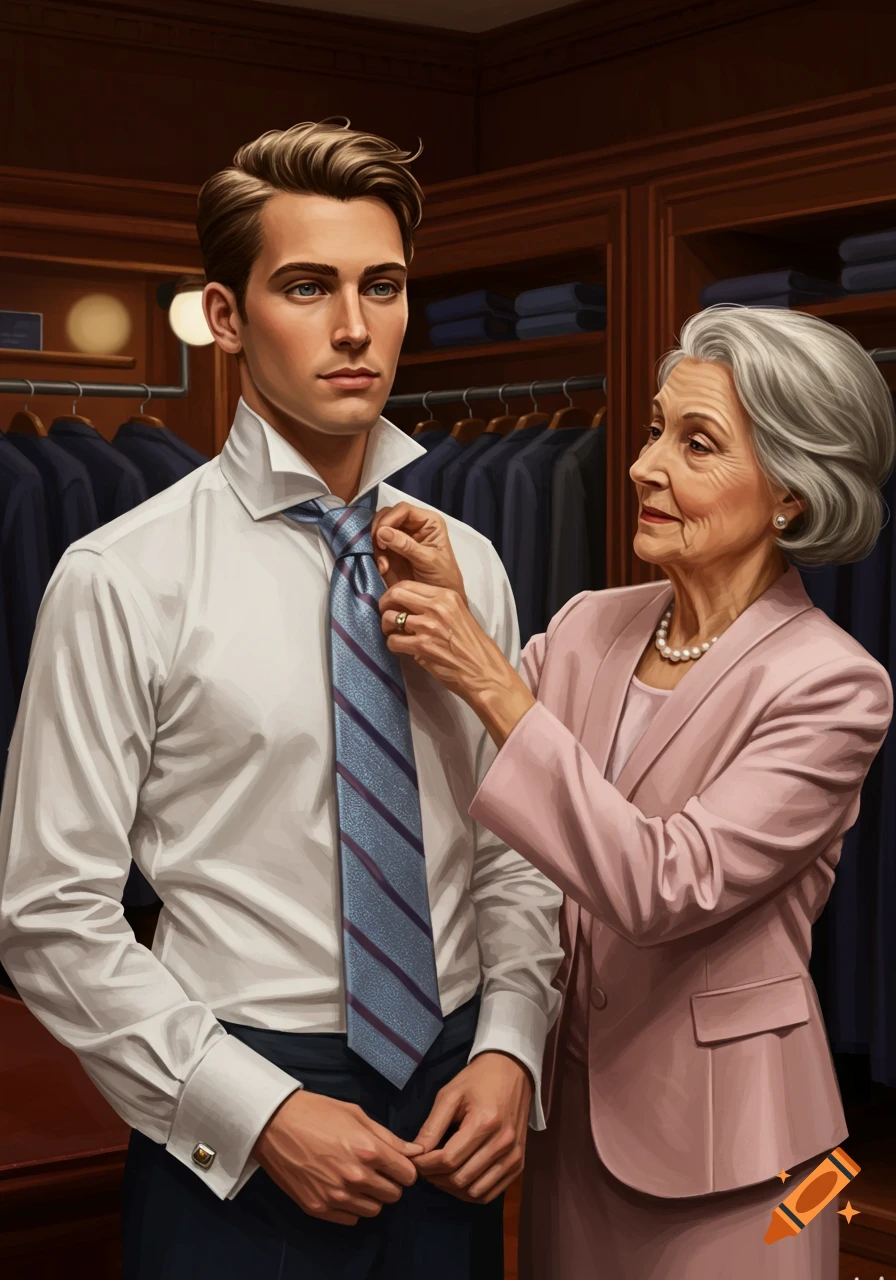 An older woman in a pink suit adjusts the blue striped tie of a young man in a white shirt and dark pants in a suit shop.