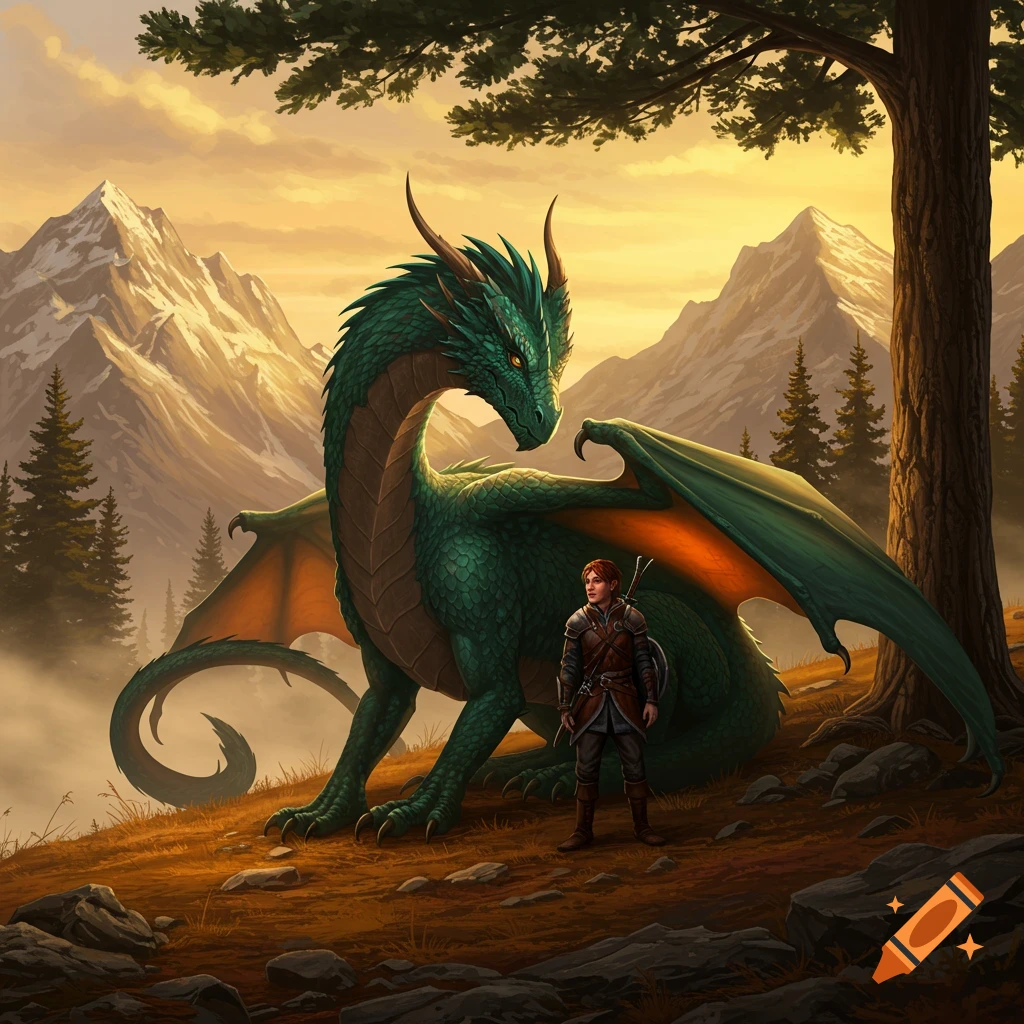 A large green dragon stands next to a human adventurer on a grassy hill, with snow-capped mountains and a golden sky at sunset.