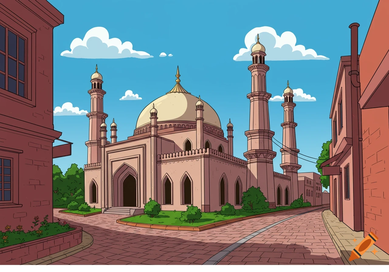Cartoon illustration of a mosque with a large dome and minarets, flanked by brick buildings and a paved street.