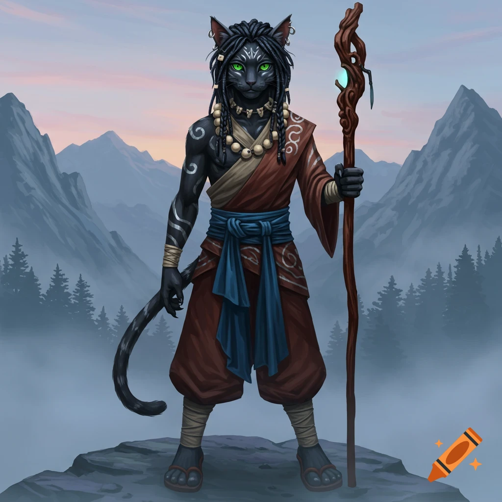 A black-furred humanoid cat monk with green eyes, dreadlocks, and robes, holding a staff, stands on a rock with misty mountains behind.