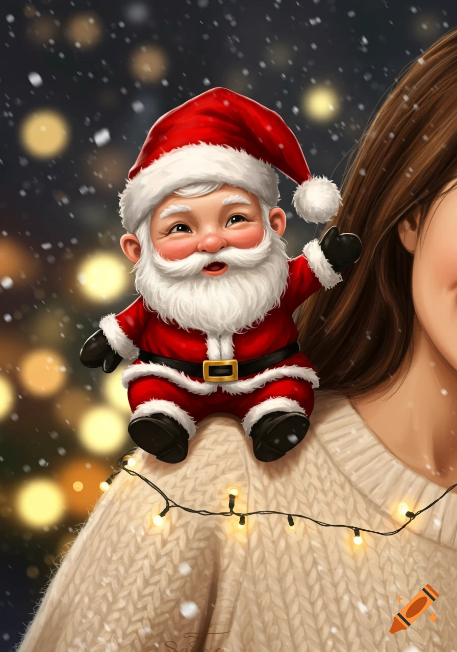 A cute cartoon Santa doll sits on a woman's shoulder wearing a cream sweater with string lights, against a snowy, bokeh background.
