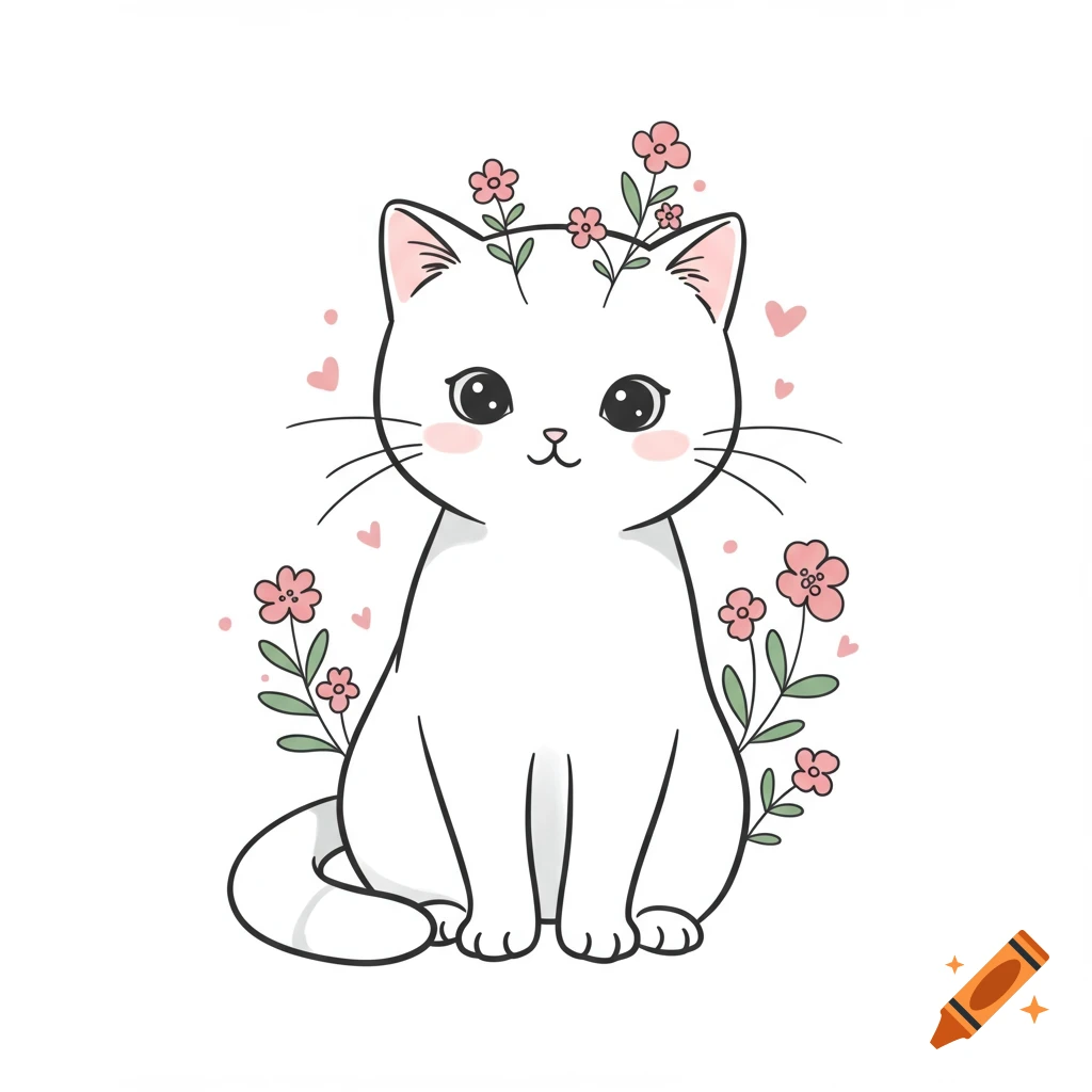 A cute cartoon white cat with pink flowers on its head and around its body, with small pink hearts floating around.