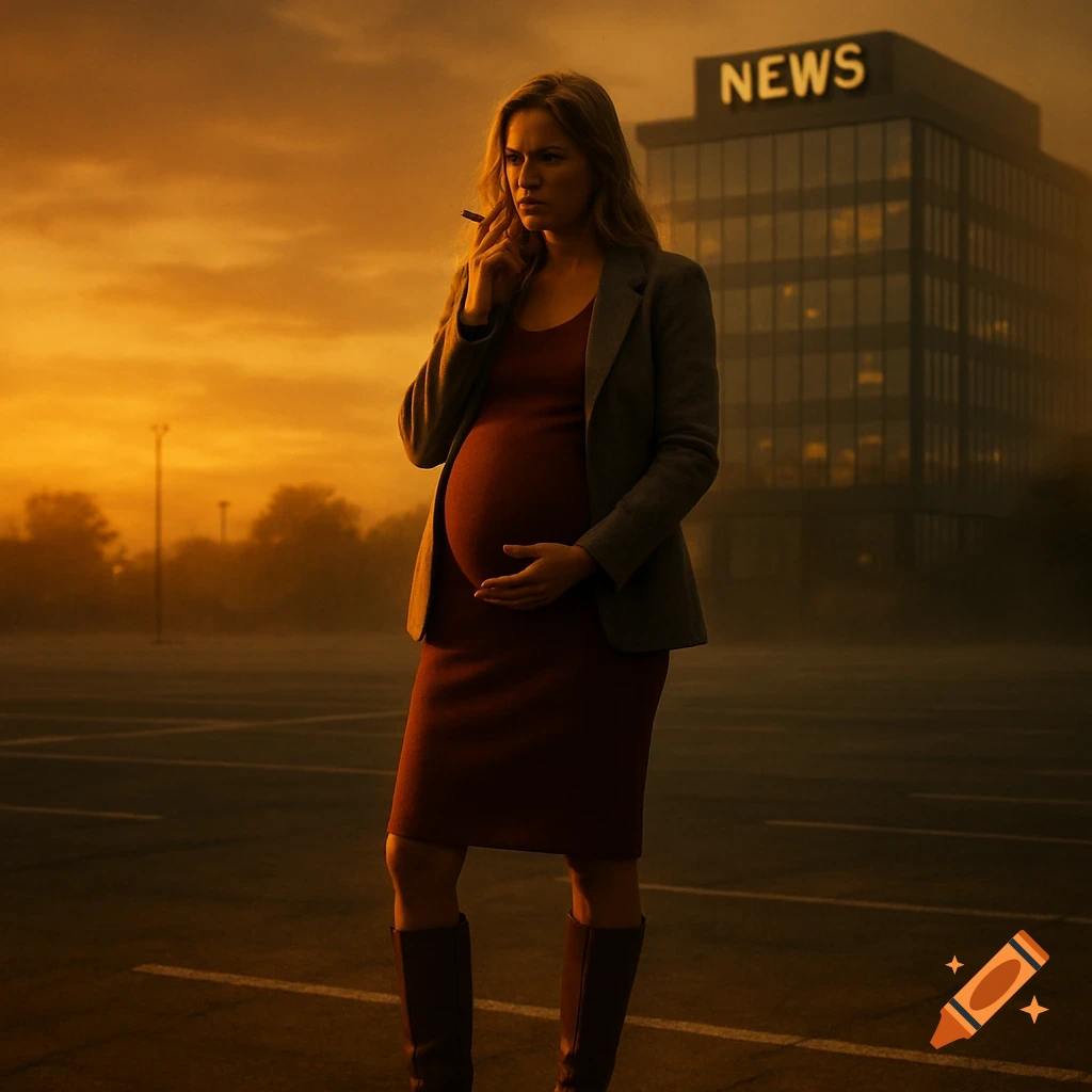 A pregnant woman in a rust-colored dress and blazer smokes a cigarette in a dramatic, cinematic shot at sunset, with a 'NEWS' building in the background.