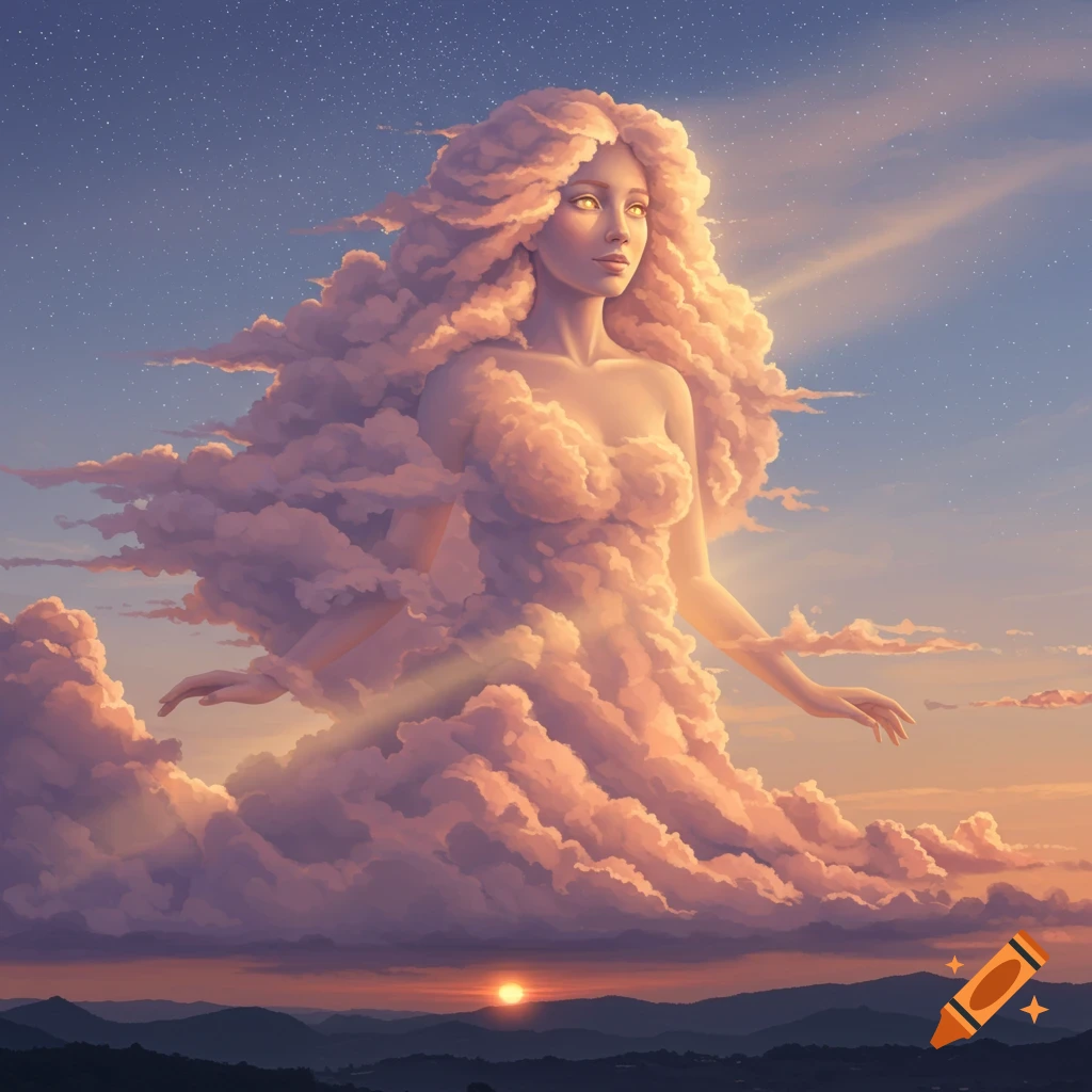 A majestic cloud goddess with glowing eyes emerges from soft, ethereal clouds at sunset over mountains, against a starry sky.