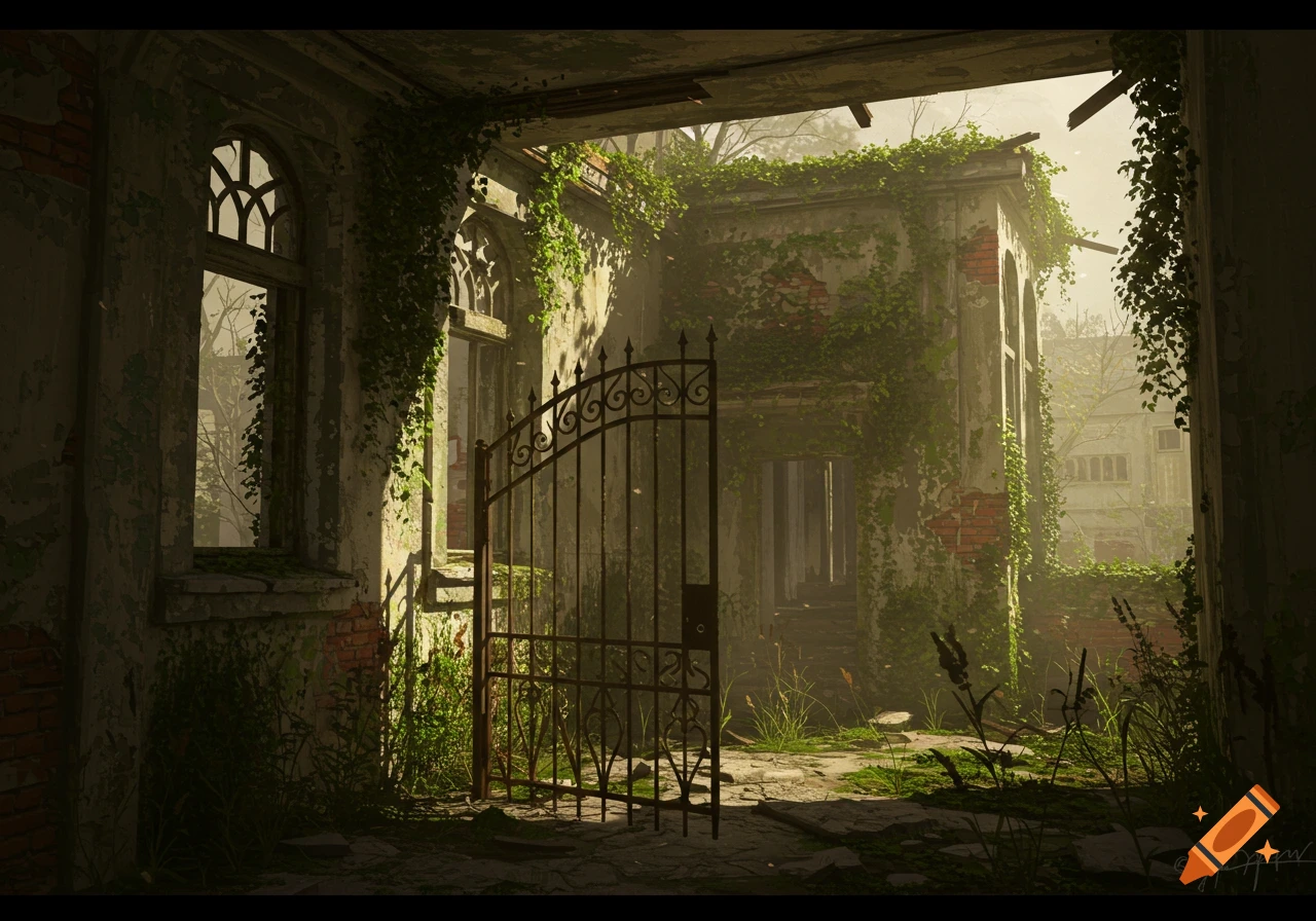 Photorealistic depiction of an overgrown abandoned building with ivy on walls, sunlight through a decorative iron gate, and broken windows.