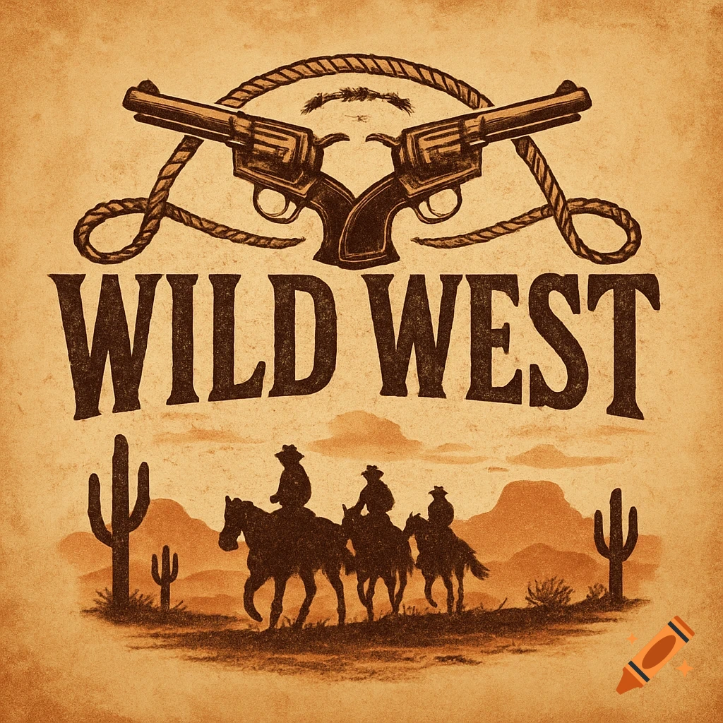 A retro Western-style logo with crossed revolvers, a rope, and 'WILD WEST' text above silhouettes of cowboys on horses and cacti.