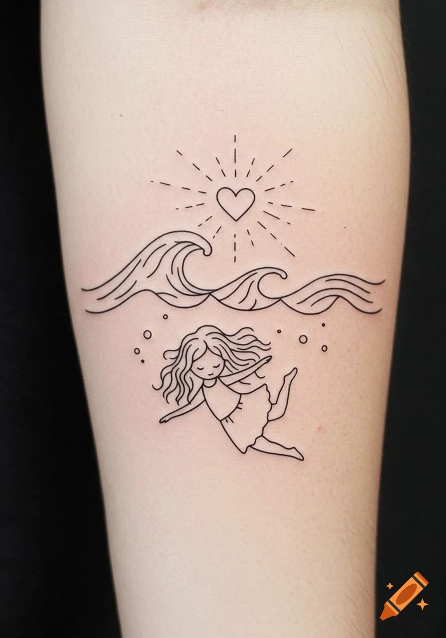 Minimalist line art tattoo design of a girl diving underwater with waves and a heart-shaped sun above.