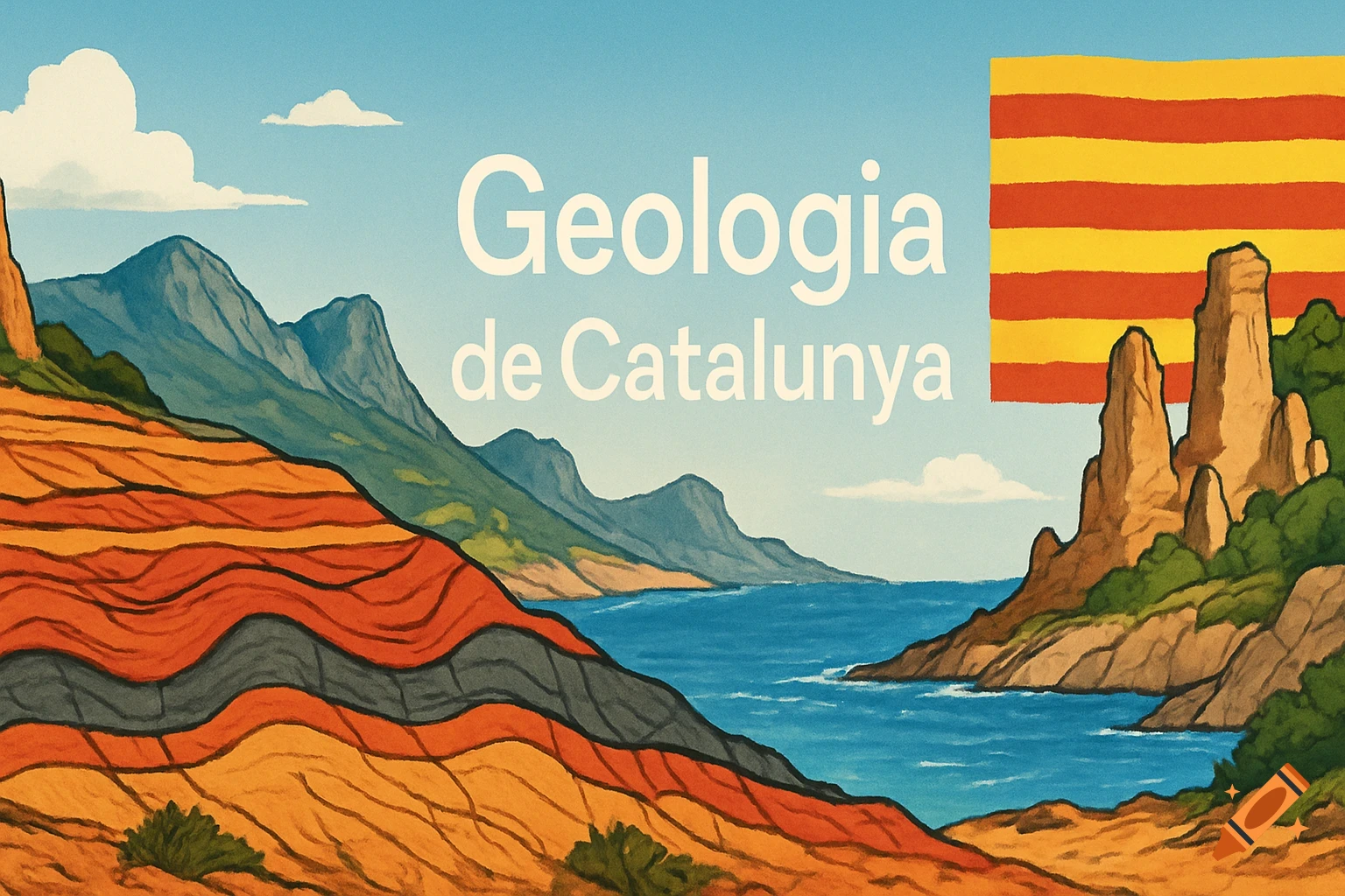 A stylized illustration of a coastal landscape with mountains, a sea, geological layers, and the flag of Catalonia, with text 'Geologia de Catalunya'.