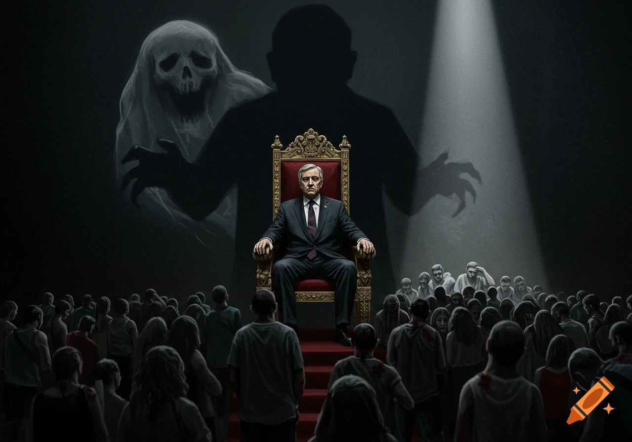 A stern politician sits on a gold throne, a ghostly figure looming behind him, facing a somber crowd in a dark, dramatic, surreal setting.