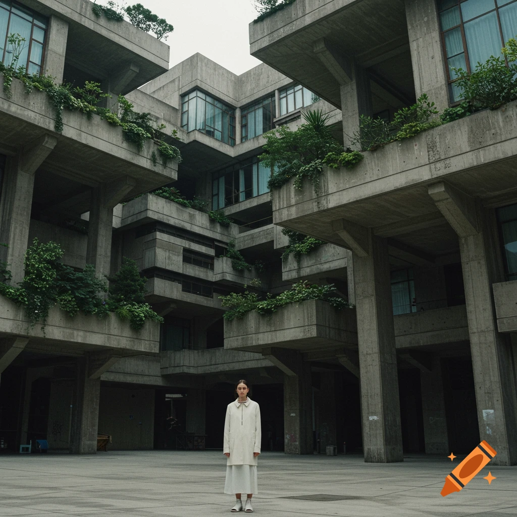 A woman in simple white clothing stands centered in a concrete plaza surrounded by a multi-layered brutalist building with plants. Photorealistic.