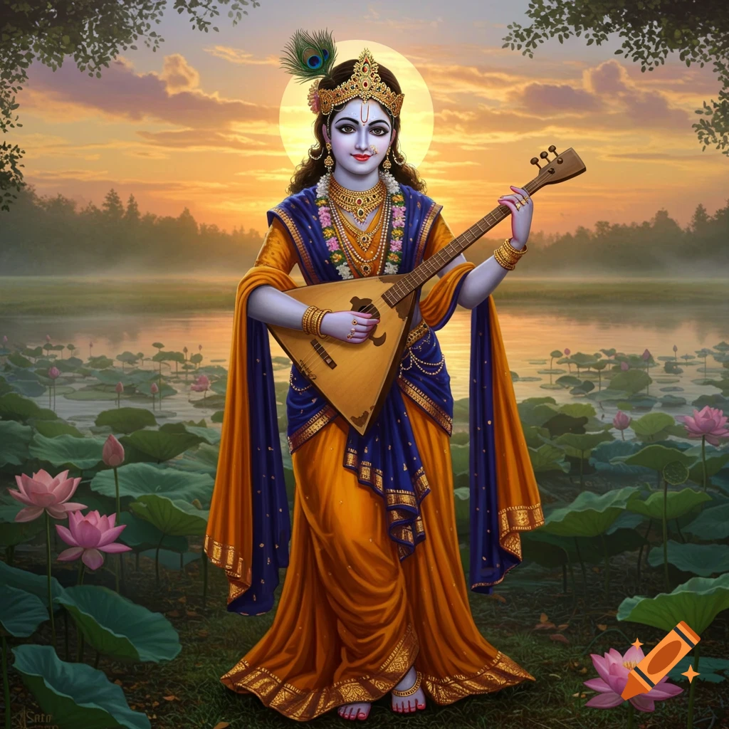 A radiant deity with blue skin, adorned in ornate orange and blue attire, plays a triangular string instrument by a lotus lake at sunset.