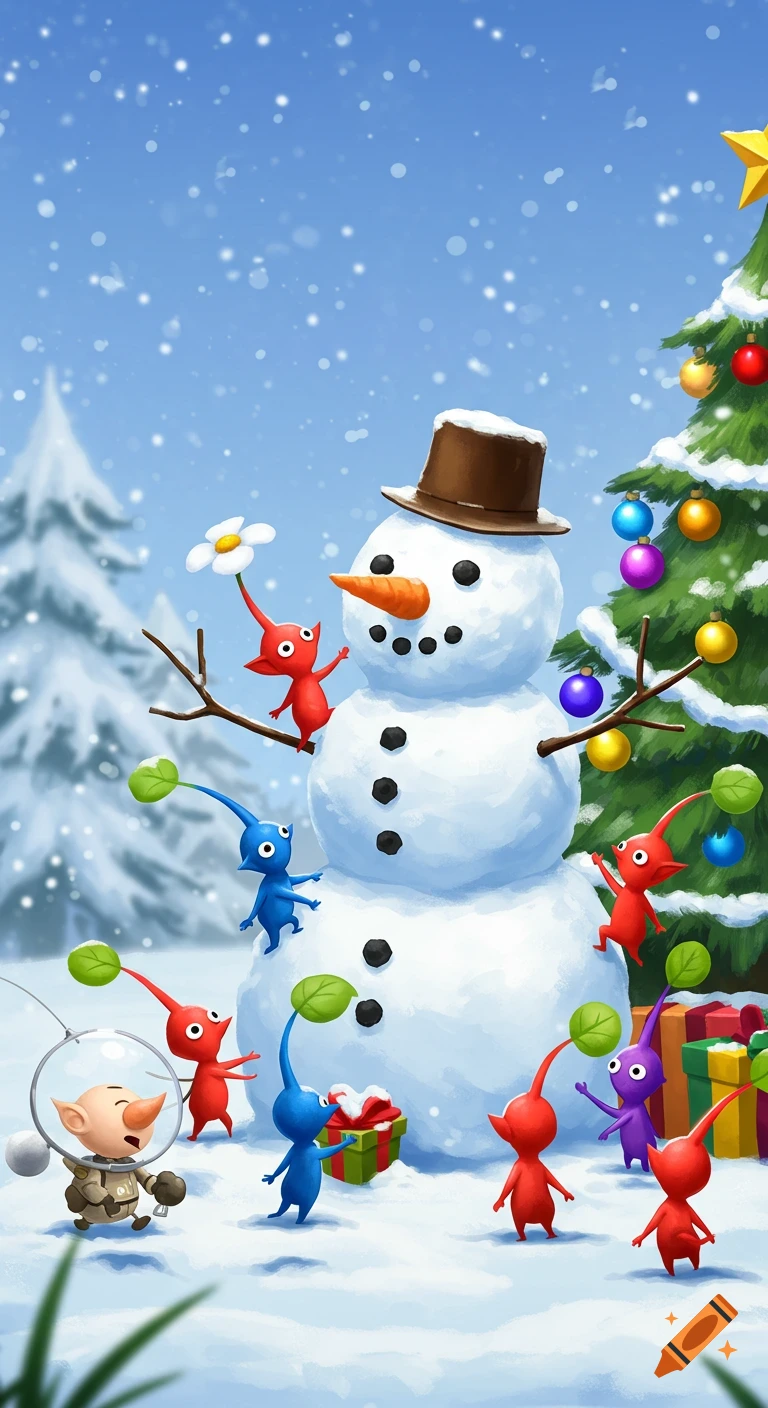 Pikmin characters and Captain Olimar build a snowman and decorate a Christmas tree in a snowy winter scene.