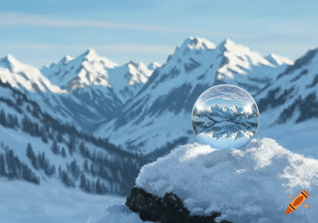 Digital painting of a crystal sphere on a snowy rock, reflecting inverted mountains in a peaceful winter landscape with majestic peaks.