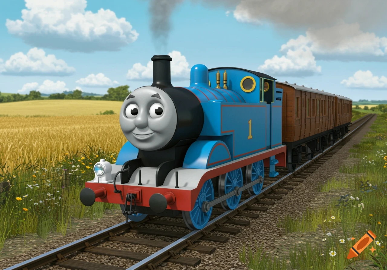 Thomas the Tank Engine on a railway track pulling brown passenger carriages through a golden field under a blue sky.