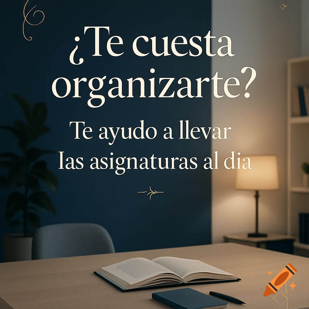 Neatly arranged study desk with an open book, notebook, and pen. A plant and bookshelf are in the background, with text on the wall.