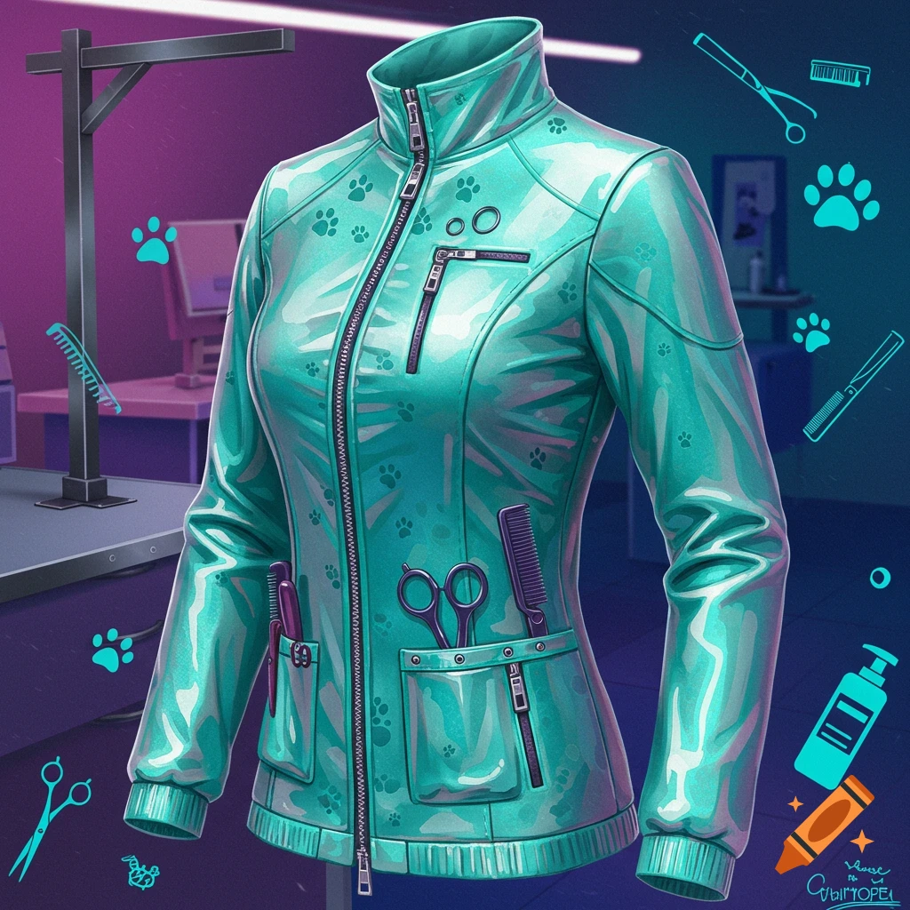 A vibrant, glossy teal dog groomer's jacket with paw prints, zippers, and pockets holding scissors and combs, set in a stylized grooming salon.