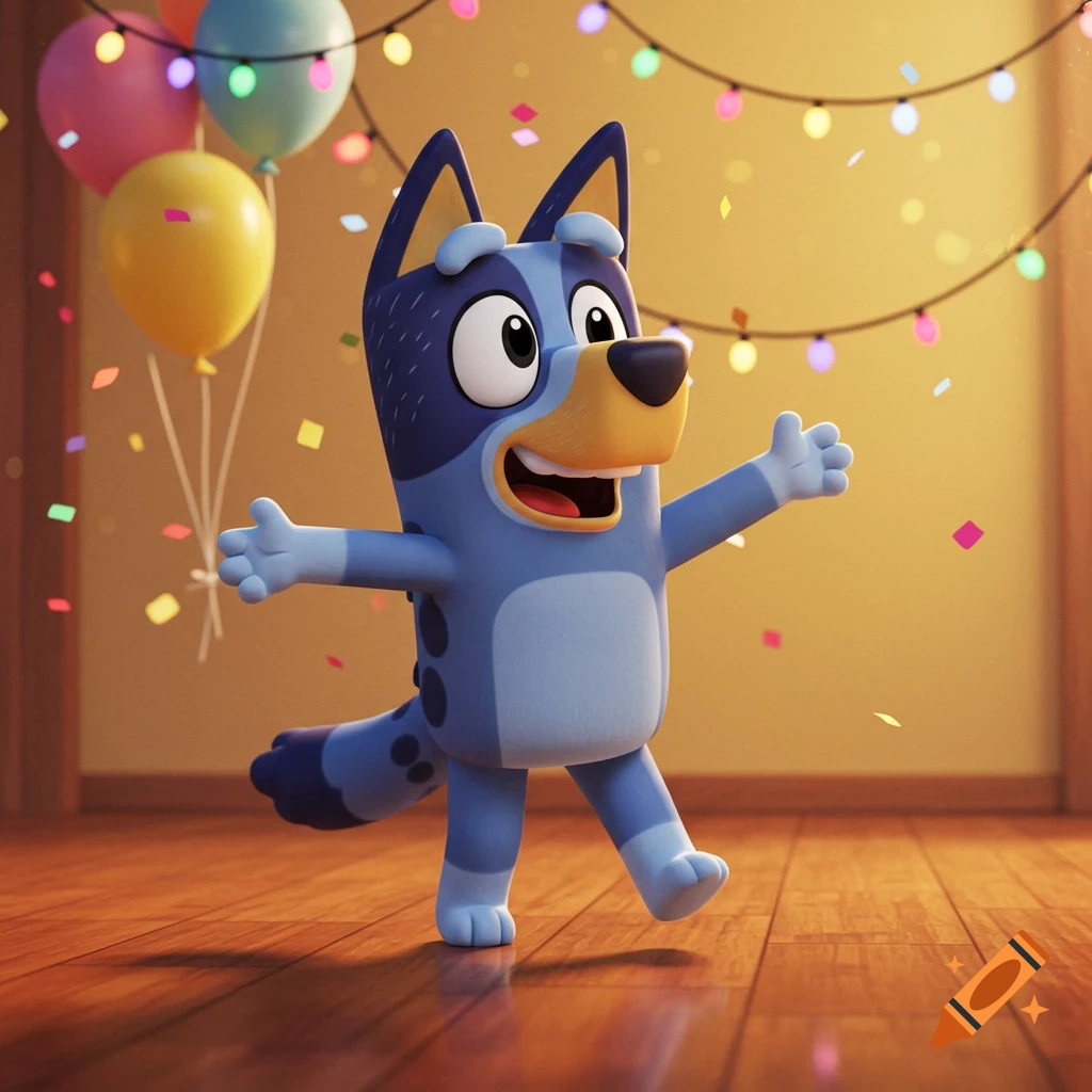 Bluey Heeler tap dancing in a purple rabbit costume and white gloves on ...