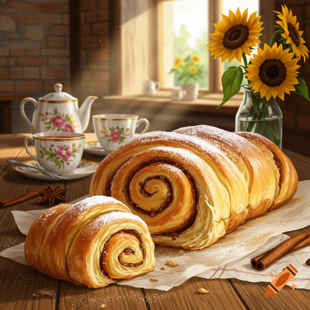 Sugar-dusted cinnamon rolls on a wooden table with a vintage tea set, cinnamon sticks, and sunflowers in a sunny room.