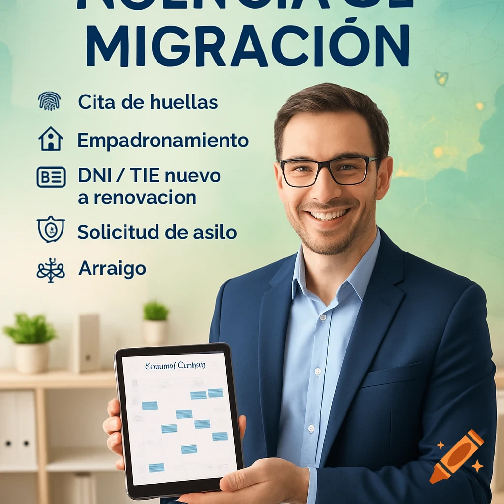 A smiling man in a blue suit and glasses holds a tablet, with a list of migration services like 'Cita de huellas' and 'Arraigo' in the background.