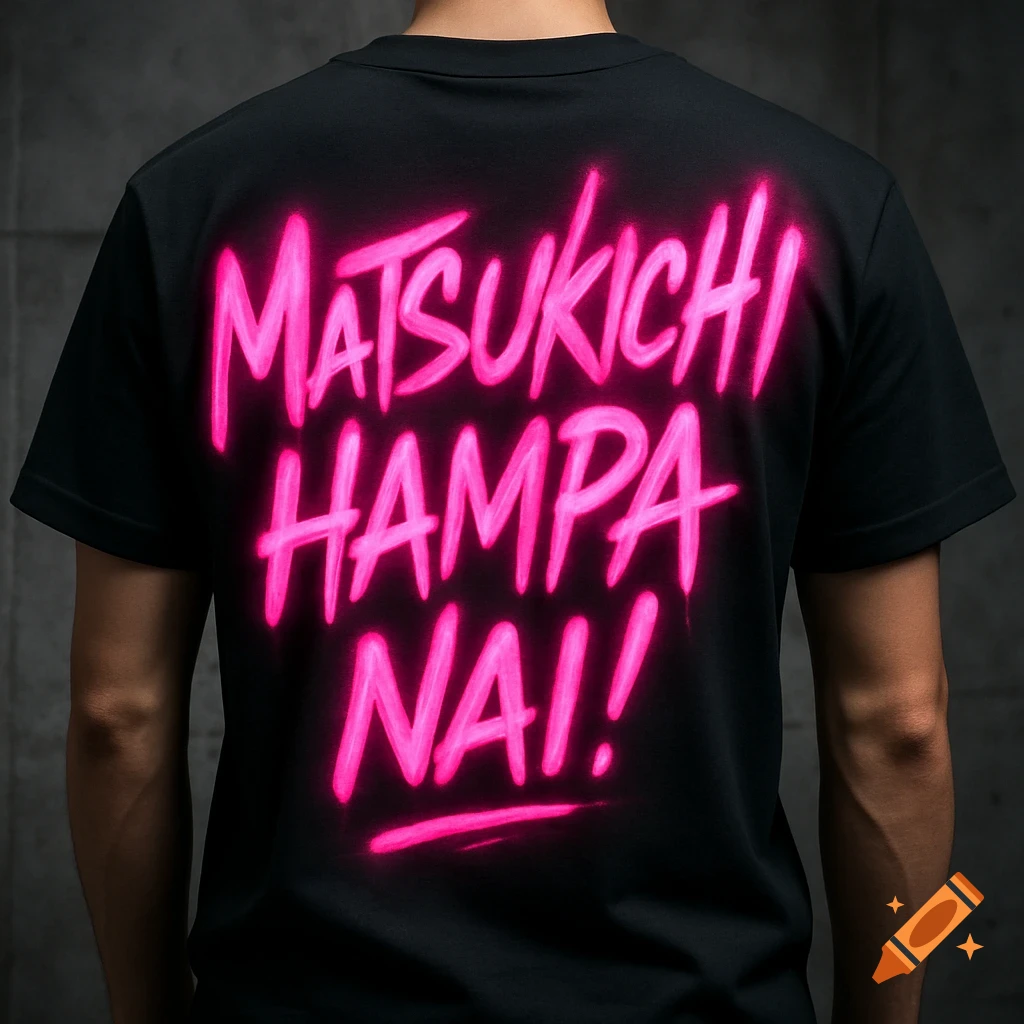 Back view of a person wearing a black t-shirt with glowing neon pink graffiti text 'MATSUKICHI HAMPA NAI!'