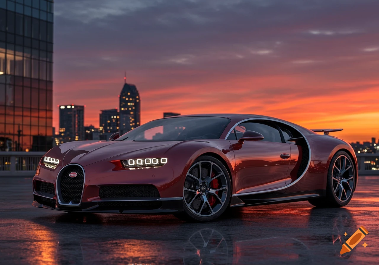 A hyperrealistic red Bugatti sports car parked on a wet surface with a city skyline and vibrant sunset in the background.