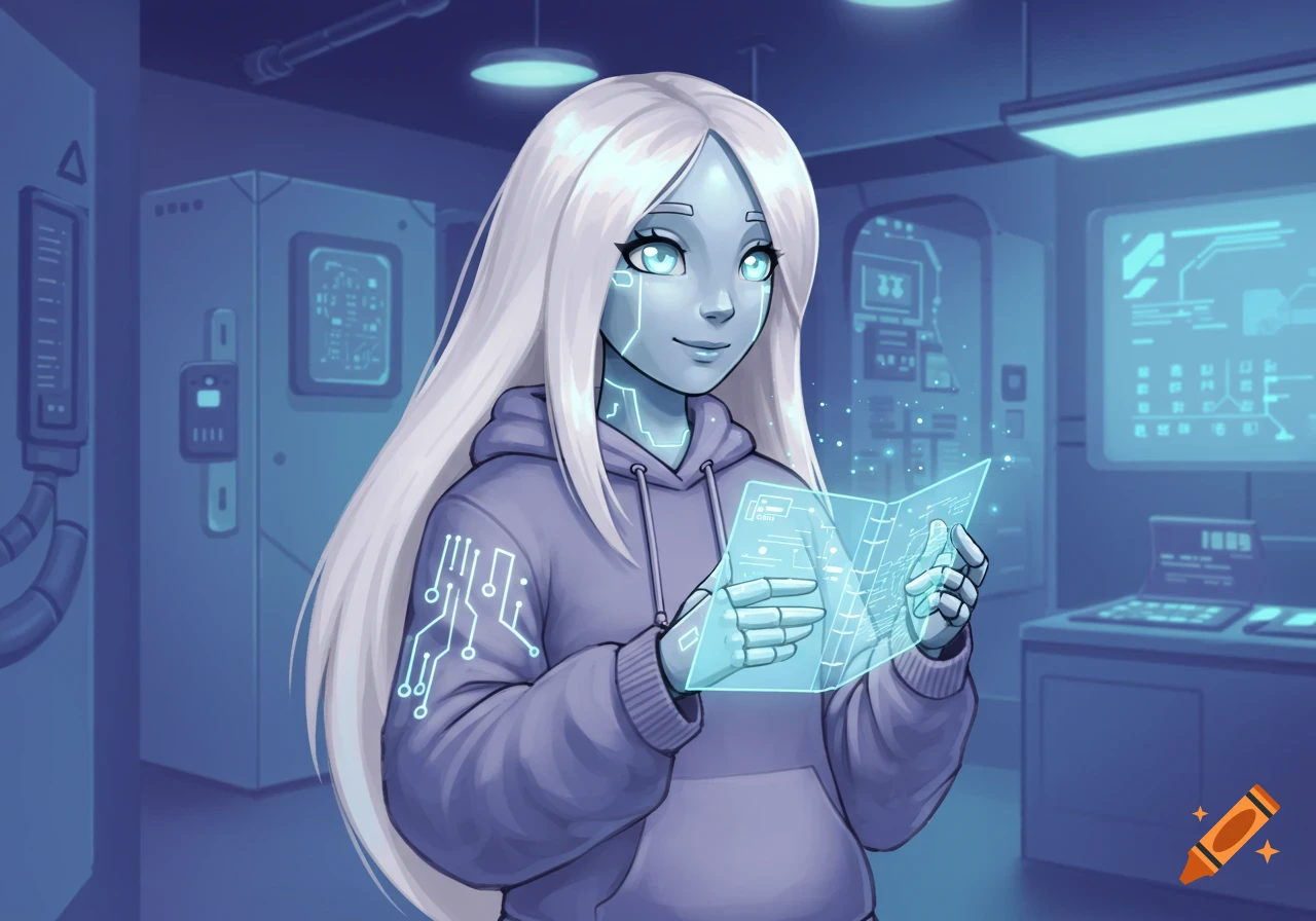 An anime-style AI character with long white hair and glowing blue circuit patterns on her face and hoodie holds a holographic notebook in a sci-fi lab.