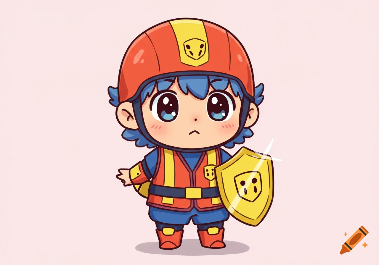 A cute anime chibi safety character with blue hair, orange helmet, vest, and a sparkling gold shield.
